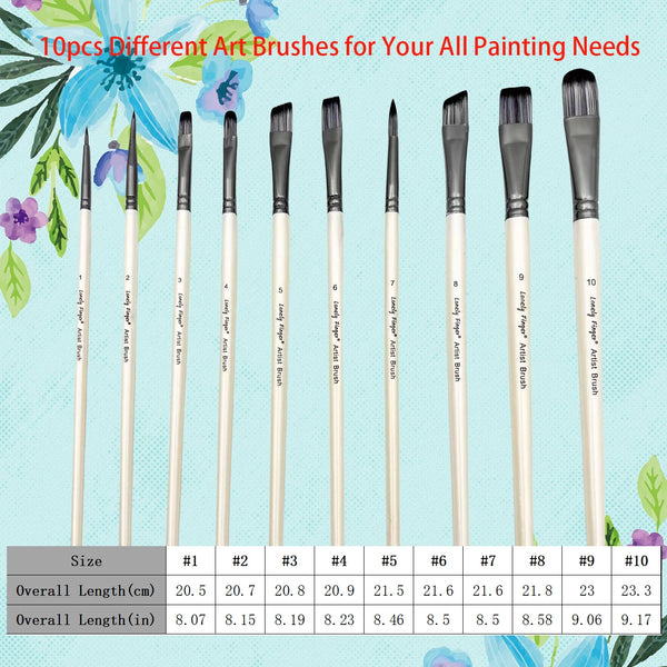 10 Piece Nylon Artist Brush Set for Oil, Acrylic, Watercolor and Gouache